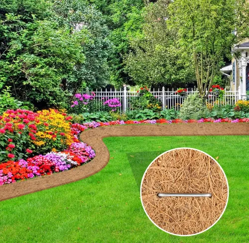Miniatura 5 de Rollo de mantillo natural para paisajismo, tapete de fibra de coco gruesa orgánica de 120 x 6.3 pulgadas con estacas de acero en forma de 20U, rollo