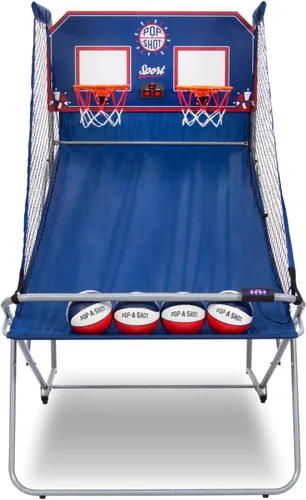 Pop-A-Shot - Dual Shot Sport | Juego de baloncesto arcade para el hogar | Aro con marcador digital, 10 modos de juego, 4 pelotas | Plegable para un
