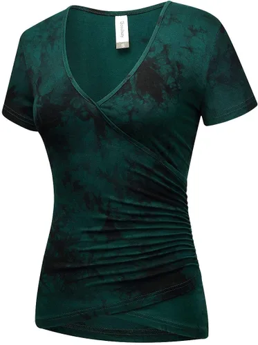 Miniatura 3 de Beauhuty Blusa de manga corta con cuello en V profundo para mujer, fruncida, sexy, ajustada