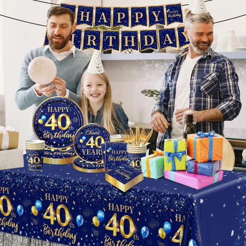 Miniatura 3 de Decoración de 40 cumpleaños para hombres - Juego de 142 piezas de vajilla de cumpleaños azul marino y dorado (sirve para 20) Incluye pancarta