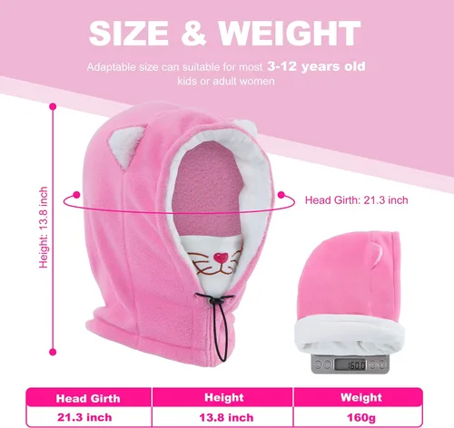 Miniatura 6 de Vorshape Pasamontañas para niños, máscara de esquí para clima frío, máscara facial de forro polar con capucha, resistente al viento, sombrero