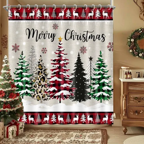 Miniatura 9 de Wathon Cortina de Ducha de Oso Negro de Invierno Escena Nevada Cortina de Baño con Osos Abrazándose Rodeados de Nieve y Bayas Rojas, Decoración