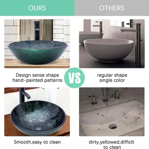 Miniatura 7 de Lavabo de Recipiente 16.5" Lavabos de Baño Vidrio Templado Verde Lavabo de Arte Cuenco Redondo con Combo de Grifo Verde, Lavabo de Encimera