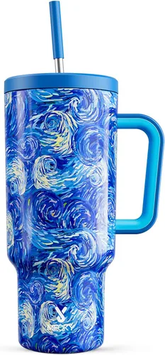 Miniatura 23 de Meoky - Vaso de 30 oz con asa, tapa y pajilla, taza de viaje térmica de acero inoxidable 100% a prueba de fugas, para portavasos, mantiene el frío