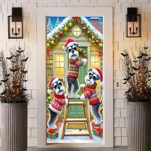 Miniatura 5 de Cartel de porche con decoración de cachorro de Navidad, trío festivo, Schnauzers en suéteres navideños, perfecto para interiores y exteriores