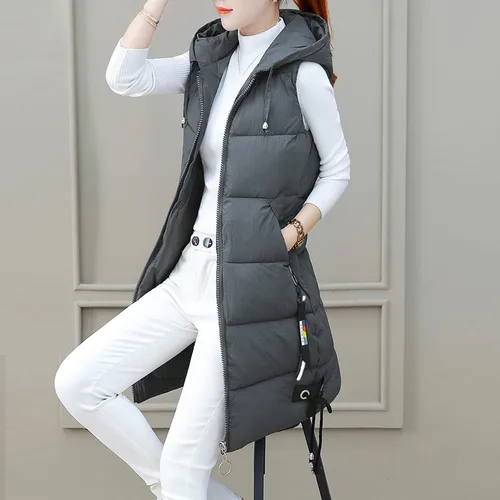 Miniatura 3 de COKUERA Chalecos largos y cálidos de invierno para mujer, color sólido, acolchado, ligeros, sin mangas, con capucha
