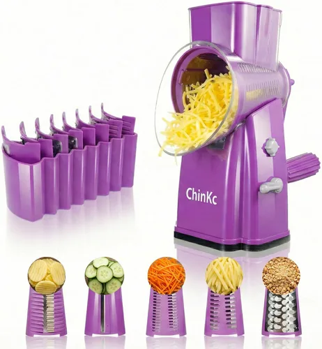Miniatura 13 de Rallador rotativo de queso mejorado con asa, base de succión fuerte, rebanador giratorio multiusos con 5 cuchillas intercambiables para hielo, Verde