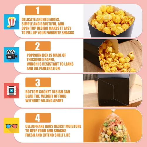 Miniatura 3 de Zopeal Juego de mini cajas de palomitas de maíz y bolsa transparente para golosinas, bolsas de palomitas de maíz a granel con parte superior Negro