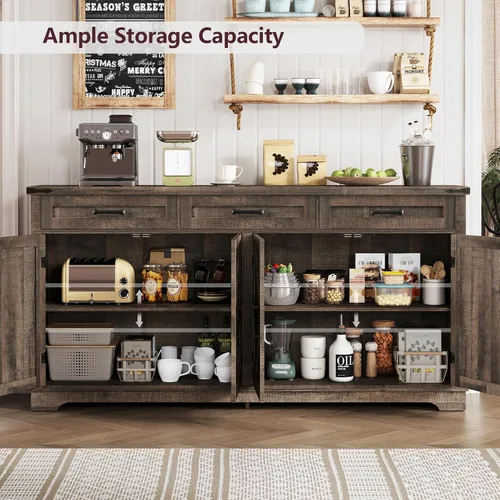 Miniatura 4 de usikey Gabinete Buffet, Aparador Buffet Grande de 63" con Almacenamiento y 3 Cajones, Barra de Café Estilo Granja con 4 Puertas, Mesa Buffet