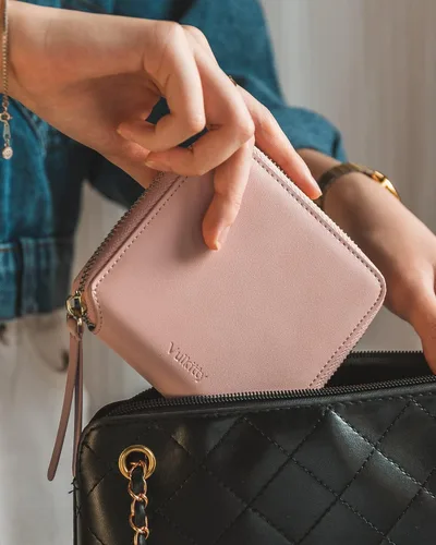 Miniatura 7 de Cartera de piel para mujer, con bloqueo RFID, plegable, delgada, para tarjetas de crédito, con bolsillo con cremallera, Rosado, Classic