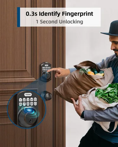 Miniatura 2 de TEEHO TE002K - Cerradura de puerta de cerrojo de huella digital sin llave, cerradura inteligente con mango y teclado - Bronce aceitado Bronce