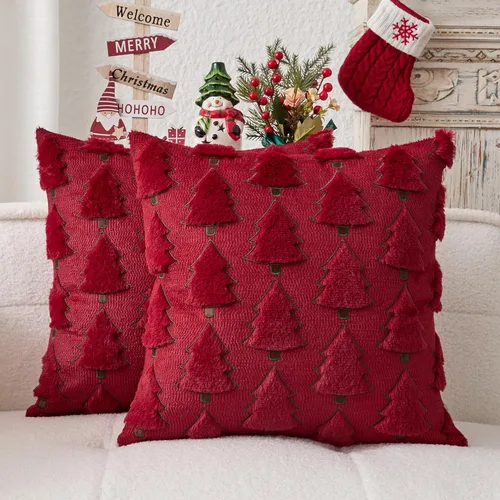 Miniatura 26 de Kevin Textile - Fundas de almohada con diseño de árbol de Navidad de 16 x 16 pulgadas, juego de 2, bordado de lujo, felpa suave, piel sintética