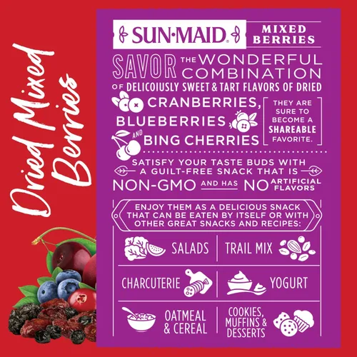 Miniatura 3 de Sun-Maid Bayas Mixtas Deshidratadas – Bolsa Resellable de 15 oz – Arándanos Rojos Secos, Cerezas, Arándanos Azules – Snacks Navideños y Tablas