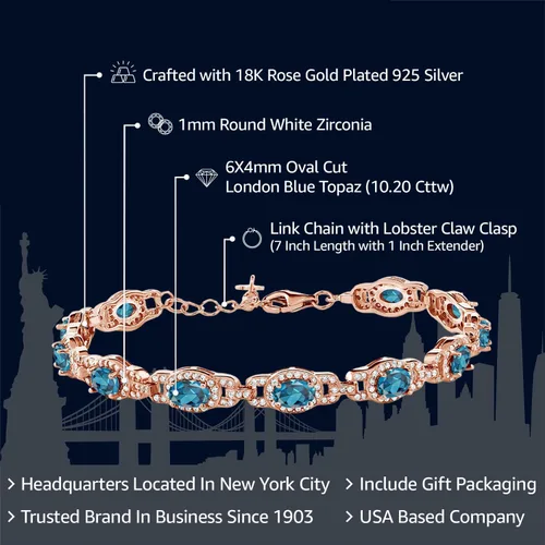 Miniatura 66 de Gem Stone King 18K Rose Gold Plated Silver Oval Gemstone Birthstone Tennis Bracelet For Women Oval 6X4MM 7 Inch With 1 Inch Extender Fine
