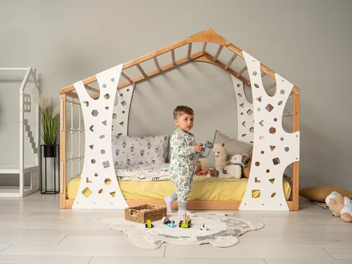 Miniatura 5 de Cama Montessori 2 en 1 tamaño individual con gimnasio interior para niños para actividades en el hogar, cama de piso fabricada en Europa