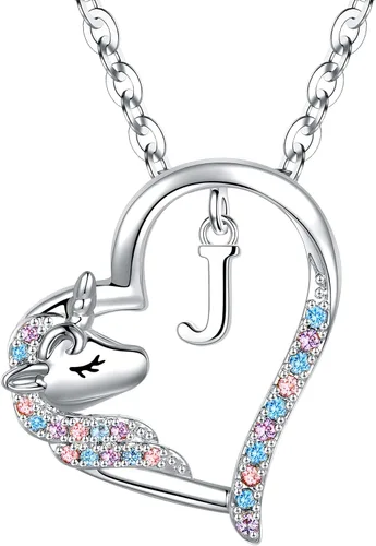 Miniatura 67 de Anoup Collar con inicial de unicornio, chapado en oro de 14 quilates, hipoalergénico con circonita cúbica, colgante de diamante simulado, joyería