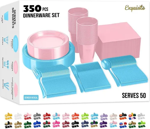 Miniatura 21 de Party Solids 350 Piezas Platos de Plástico Blanco Para Fiestas, Juego de Platos Desechables Blancos, 50 de Cada Juego de Platos para Cena de 9