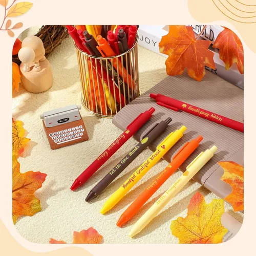 Miniatura 6 de Colarr Juego de 50 bolígrafos de otoño de Acción de Gracias, a granel, lindos bolígrafos de otoño de tinta negra, bolígrafos retráctiles