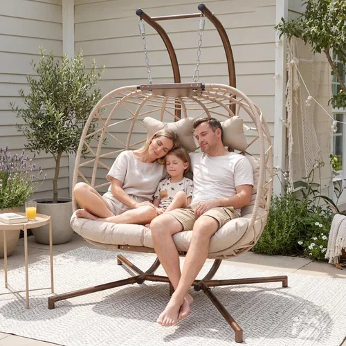 Miniatura 2 de RADIATA Silla colgante de huevo para 2 personas con soporte, silla de huevo doble para exteriores con canasta plegable, silla columpio de mimbre XL