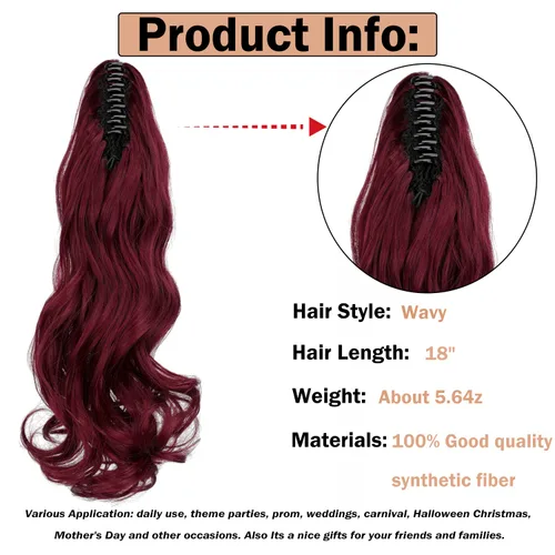 Miniatura 2 de Extensión de Cola de Caballo con Clip de Garra, Extensiones de Cabello Ondulado con Clip de 18 Pulgadas, Colas de Caballo Largas para Mujeres, Vino