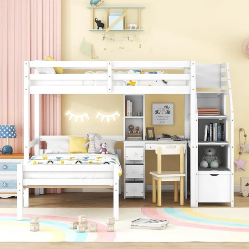 Miniatura 4 de Bellemave Cama alta con escritorio y escaleras, litera individual sobre cama individual con cajones de almacenamiento y estantes, camas altas