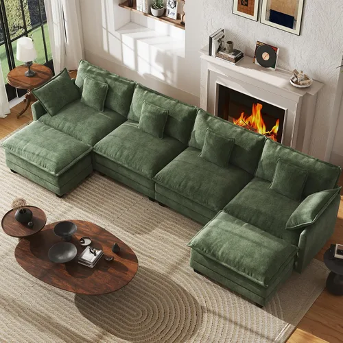 Miniatura 29 de WorthFurni Sofá Seccional Modular de 111.4", Sofá de Nube en Forma de U con 2 Otomanas Móviles, Cómodo Sofá de Chenille de Asiento Profundo
