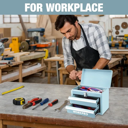 Miniatura 6 de WORKPRO Caja de herramientas portátil mini, caja de herramientas metálica con 2 cajones y guías con rodamientos de bolas, almacenamiento superior