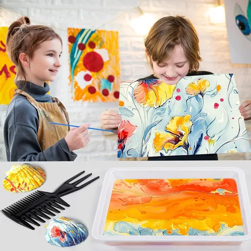 Miniatura 5 de Ci Vetch Kit de pintura de mármol de agua para niños, artes y manualidades, no tóxico, de 3 a 12 años, incluye 6 colores, 10 hojas, herramientas, 12