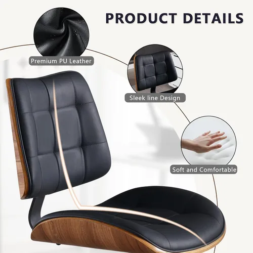Miniatura 7 de Silla de escritorio de oficina en casa con ruedas, silla de oficina sin brazos de altura ajustable, piel sintética, respaldo medio, silla de Negro