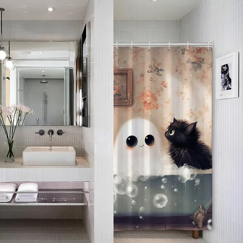 Miniatura 3 de Cortina de ducha de fantasma y gato negro para niños, 36 x 72 pulgadas, espeluznante y bonita, cortina de baño de Halloween con 6 ganchos, cortina