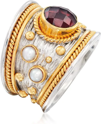 Miniatura 3 de Ross-Simons 2.20 Carat Garnet and 3mm Cultured Pearl Ring in Sterling Silver and 18kt Gold Over Silver