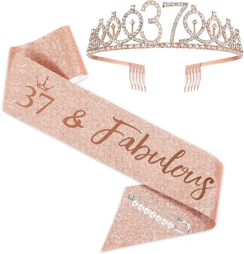 BRT Bearingshui Banda y tiara de cumpleaños número 37 para mujer, corona de banda de cumpleaños de oro rosa 37 y fabulosa banda y tiara para mujer,