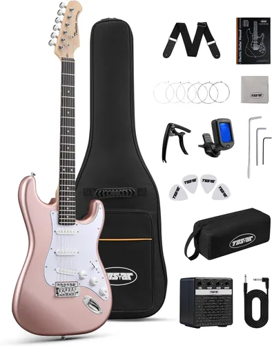 Miniatura 20 de Tostar Kit de guitarra eléctrica con amplificador, 39 pulgadas, tamaño completo, 6 cuerdas, ligero, diseño de cuerpo redondeado, interruptor