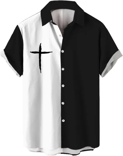 Camisas de talla grande para hombre, diseño de cruz cristiana, manga corta, casual, con botones, bloque de color, hawaiano