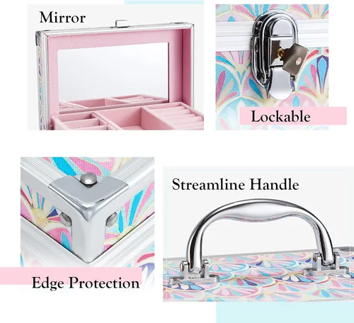 Miniatura 4 de Hododou Joyero organizador para niñas con cajón y espejo, estilo cola de sirena, estuche de almacenamiento con cerradura para niños o niñas