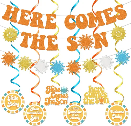 Here Comes The Son - Decoraciones para baby shower, decoraciones retro para baby shower, decoraciones de fiesta de baby shower, estilo bohemio,