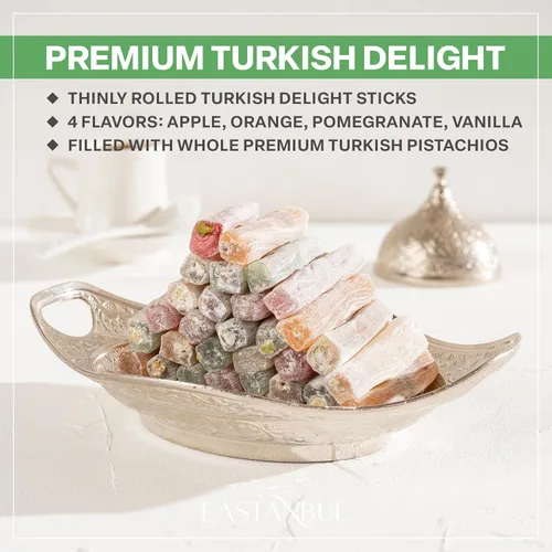 Miniatura 5 de Eastanbul Delicias Turcas, 250g, Palitos de Dulce de Delicias Turcas Rellenos de Pistacho con 4 Sabores: Manzana, Naranja, Granada, Vainilla, Dulce