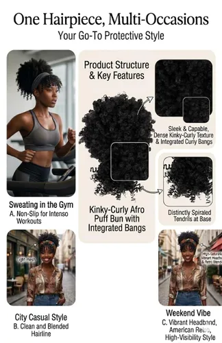 Miniatura 8 de Cola de caballo con cordón para mujeres negras Afro Puff Cola de caballo con cordón con flequillo Cola de caballo corta crespa y rizada Moño cola