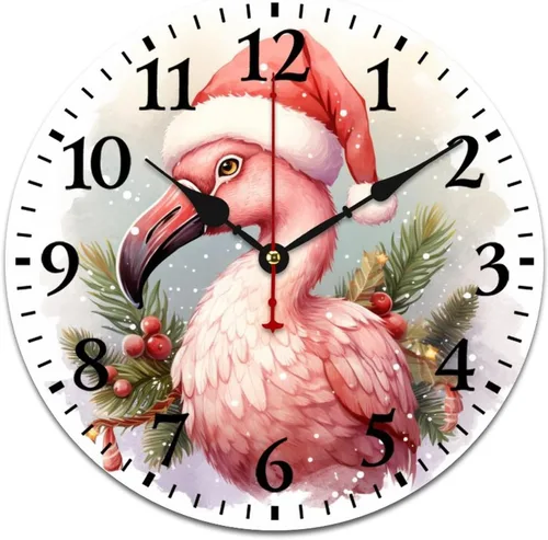 Relojes de pared de 10 pulgadas, sombrero de Navidad, flamenco, reloj colgante de madera, silencioso, sin tictac, números arábigos, estilo país,