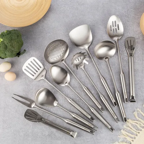 Miniatura 3 de Juego de utensilios de cocina de acero inoxidable 18/10, herramientas de cocina de metal de 15 pulgadas, 11 piezas, 2 pinzas, tenedor, cuchara