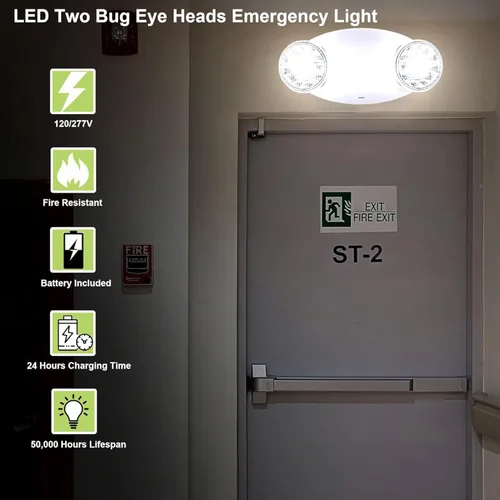 Miniatura 6 de LIT-PaTH Accesorios de iluminación LED de emergencia con 2 cabezales LED de ojo de insectos y baterías de respaldo, luz de salida estándar de EE.