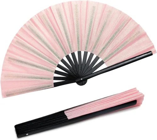 Miniatura 9 de Hasina Ventilador de mano plegable grande con purpurina, ventilador de mano plegable de bambú para hombres y mujeres, diseño brillante para fiestas