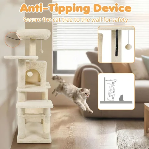 Miniatura 9 de Tangkula Torre de árbol para gatos, torre para gatos de varios niveles de 44 pulgadas con postes rascadores de sisal, condominio de 2 puertas
