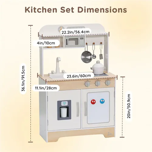 Miniatura 7 de SainSmart Jr. Cocina de madera de juguete para niños - Juego de cocina de jugar premium para niños pequeños - Incluye estufa, refrigerador y Blanco
