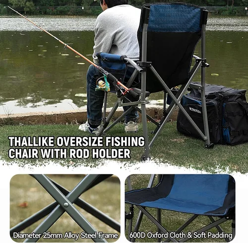 Miniatura 4 de Silla de pesca con soporte de caña ajustable de 360° mejorado, sillas plegables de pesca en hielo para adultos, silla de camping portátil
