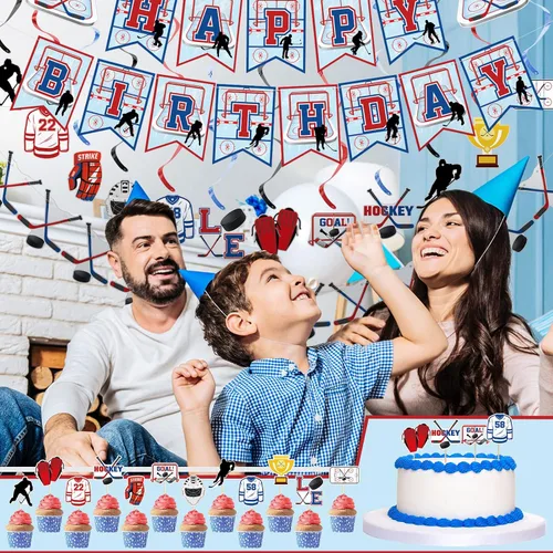 Miniatura 6 de 27 piezas de suministros de fiesta de cumpleaños de hockey bola de hielo, regalos de fiesta de hockey para cupcakes, remolinos colgantes