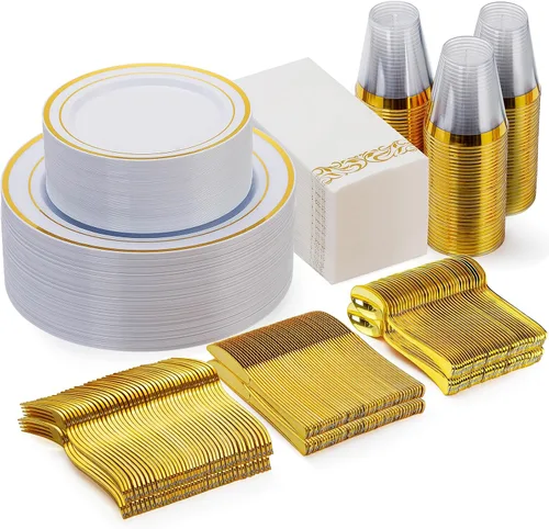Miniatura 17 de Goodluck 700 platos de plástico dorado transparente para 100 invitados