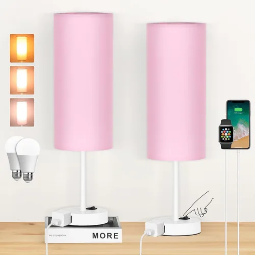 Miniatura 15 de ZJOJO Juego de 2 lámparas de mesa para dormitorio, lámparas pequeñas de noche con interruptor basculante regulable de 3 vías y toma de corriente