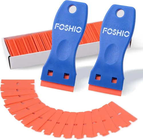 FOSHIO - Juego de raspador con cuchillas plásticas para remover juntas, etiquetas, calcomanías de vidrios y ventanas, incluye 2 raspadores plásticos