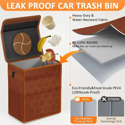 Miniatura 3 de Vankor Cubo de basura para coche, marrón, capacidad de 2.2 galones, impermeable, material de poliéster, correa ajustable, diseño colgante, forro a